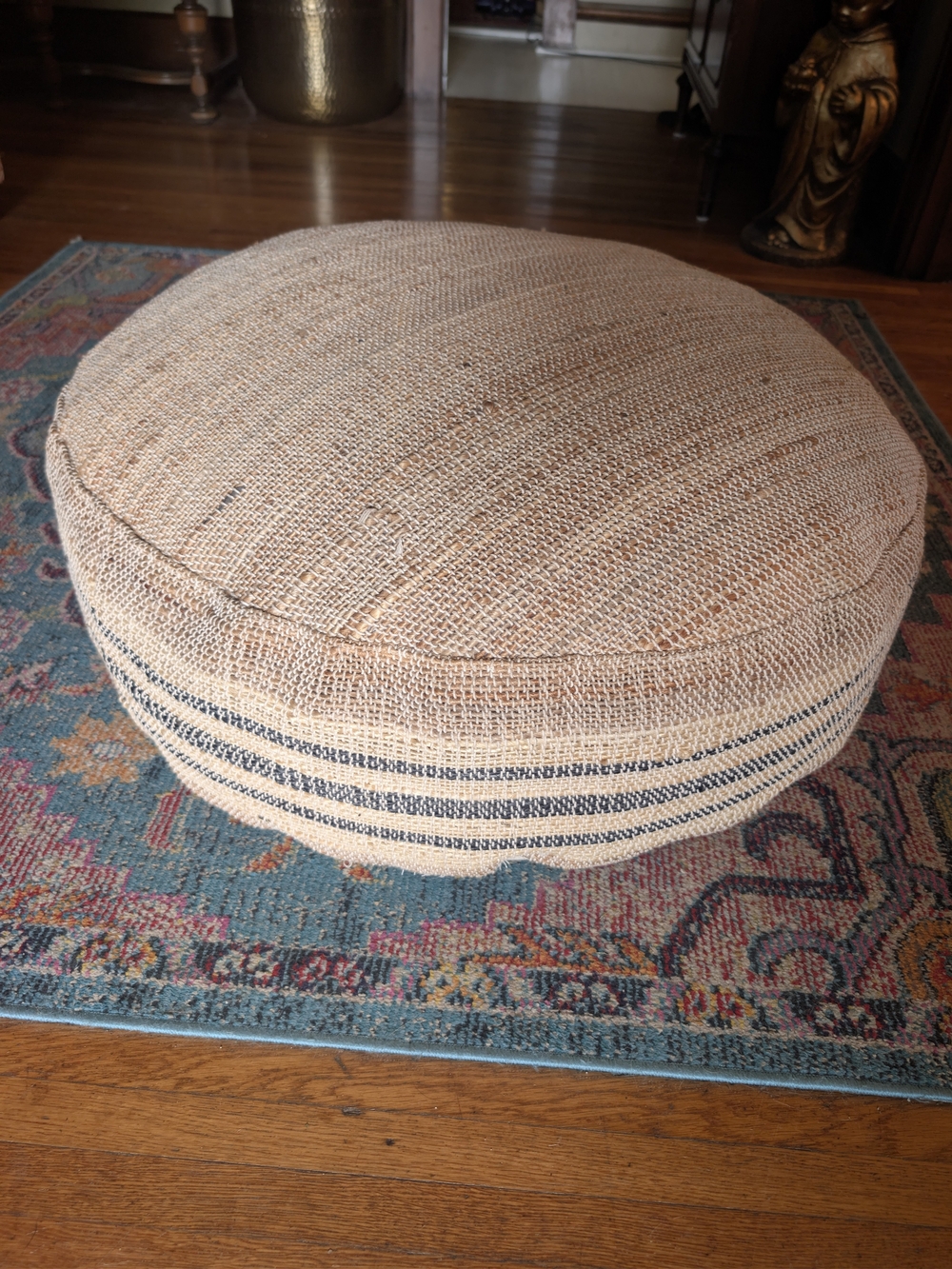 Natural Woven Round Floor Pouf with Navy Stripes